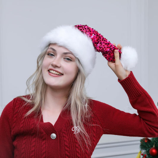 Personalized Sequin Santa Hat for Adults, Red Glitter Christmas Party Hat, Xmas Halloween New Year