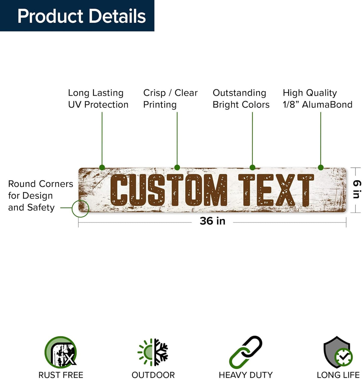 Custom Sign, Custom Street Sign, 11 Font Colors, 13 Font Styles, 4 Hole Options, 22 Sizes, 6x36