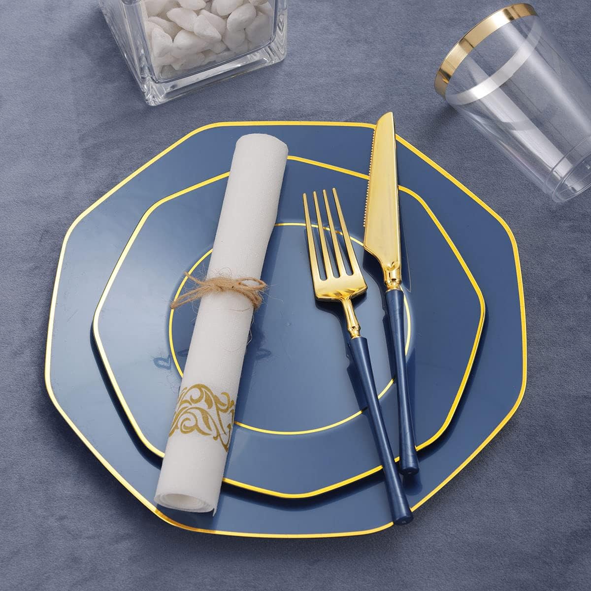 KIRE 140Pcs Blue Plastic Plates with Gold Rim - Gold Disposable Plastic Silverware with Blue