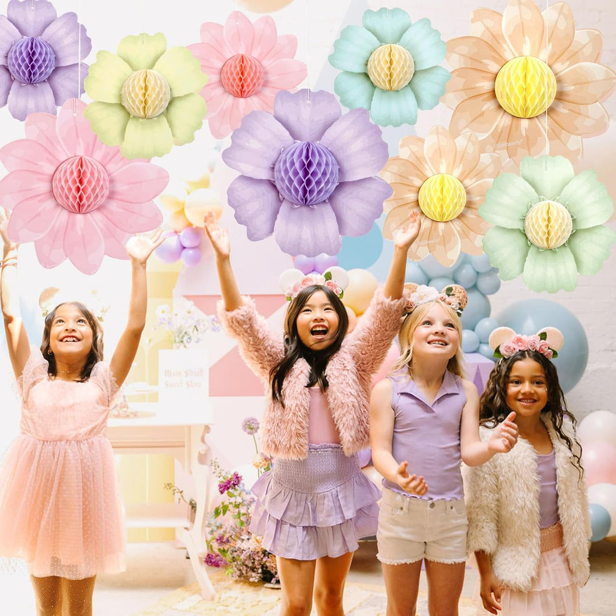 SUNBEAUTY 9 PCS Pastel Rainbow Party Decorations 10 Inch Giant Paper Flowers 3D Honeycomb for Party