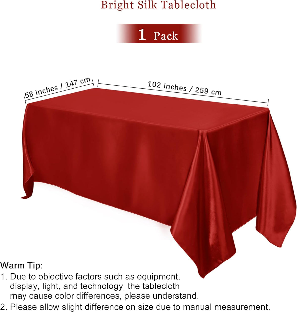 TURSTIN 1 Pack Burgundy Satin Tablecloth 102 x 58 Inch Overlay Satin Table Cover Rectangle Bright