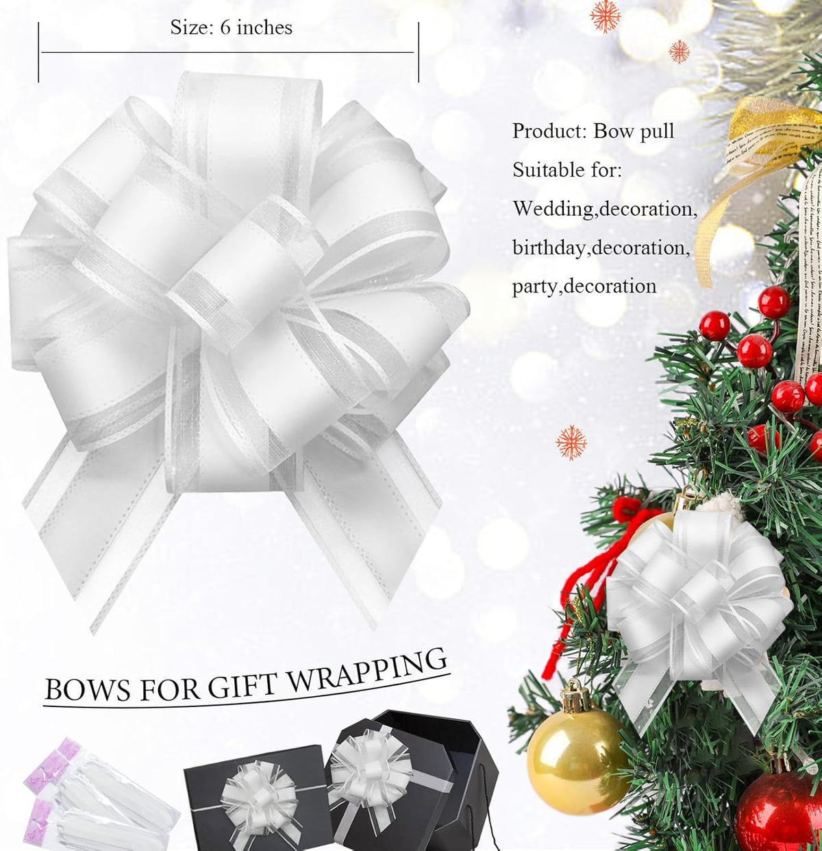 6 Pieces Large Pull Bows,6 inches,Bow for Gift Wrapping,Pull Bows for Christmas Party Birthday Gift