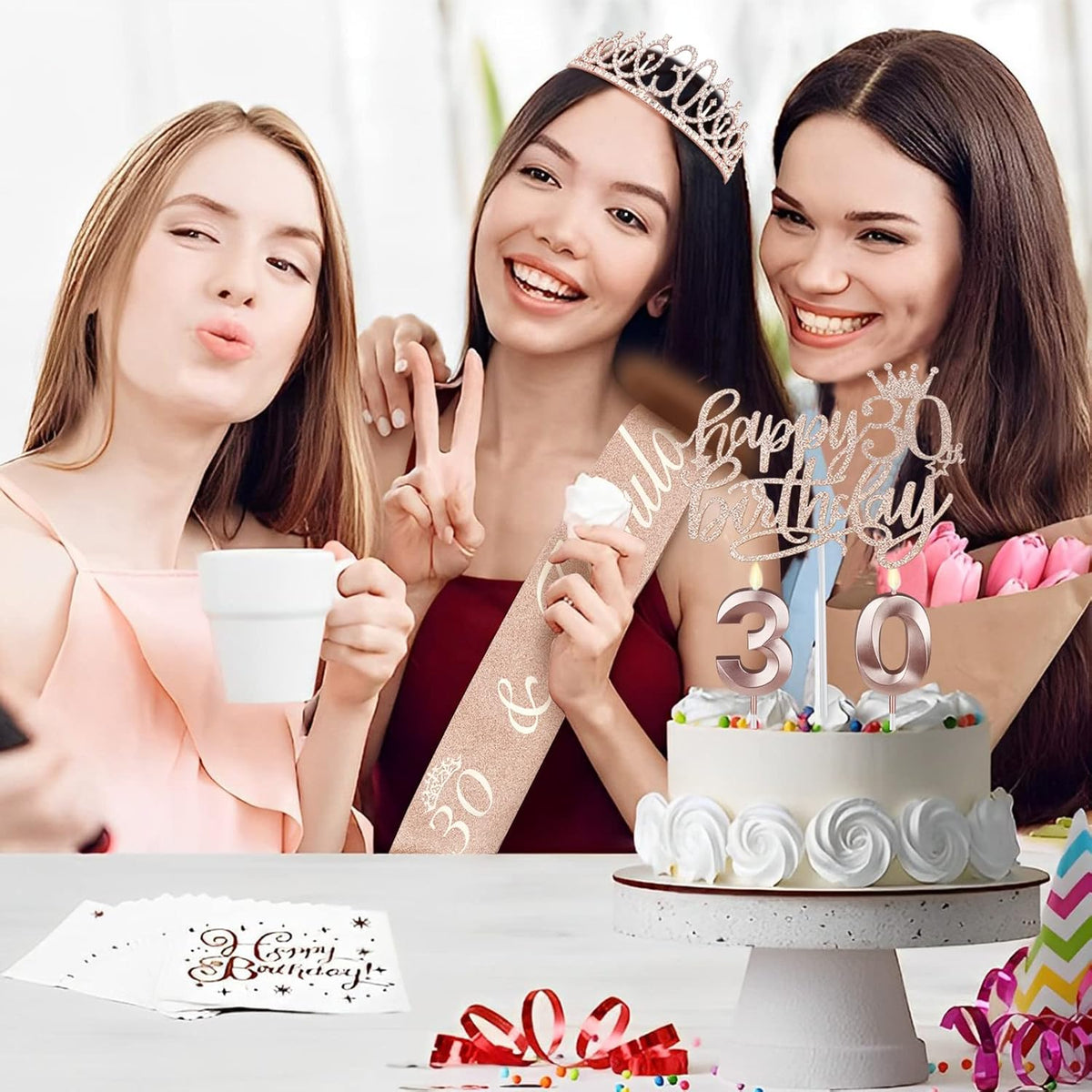 30th Birthday Decorations for Her, Including Sash, Crown/Tiara, Candles, Cake Topper, 30th Birthday
