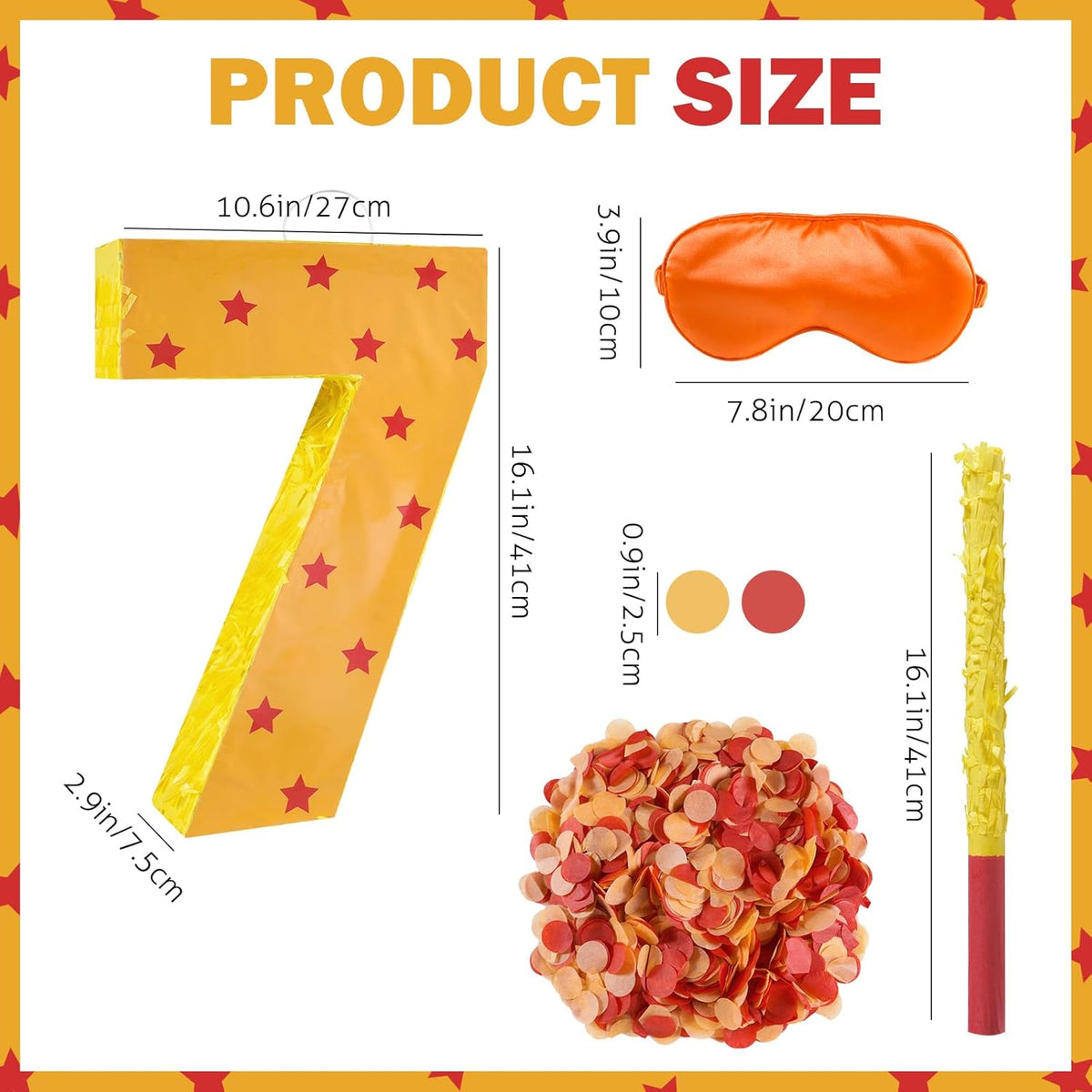 Orange and Red Star Number 7 Pinata, 16 Inch Piñata for 7th Birthday Party Decorations with Stick