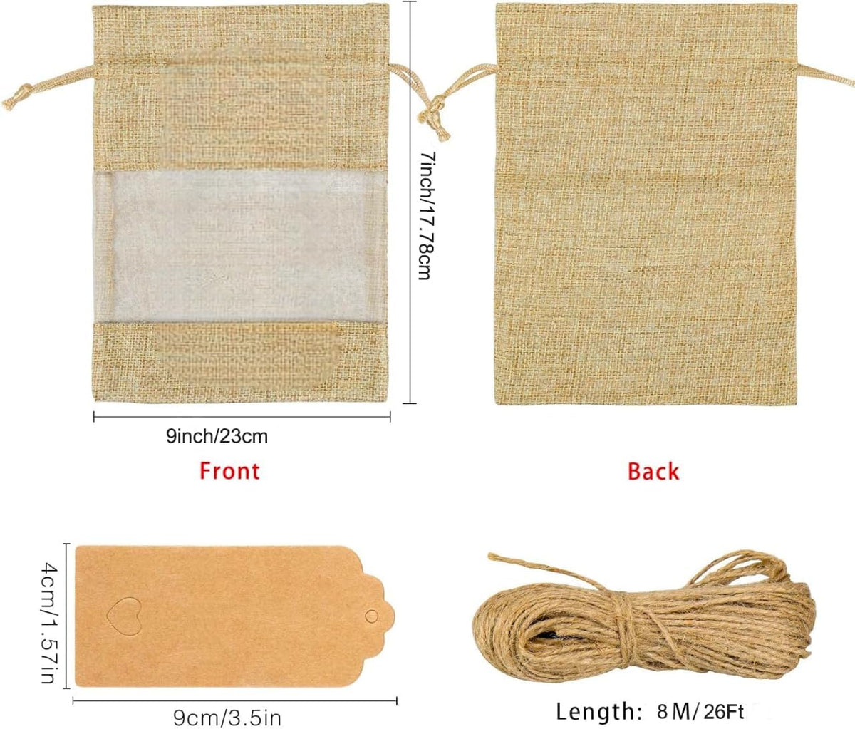 GIOIPC 20Pcs 6 x 9 Inch Linen Burlap Sheer Bags with Drawstring and Bonus Gift Tags for Wedding