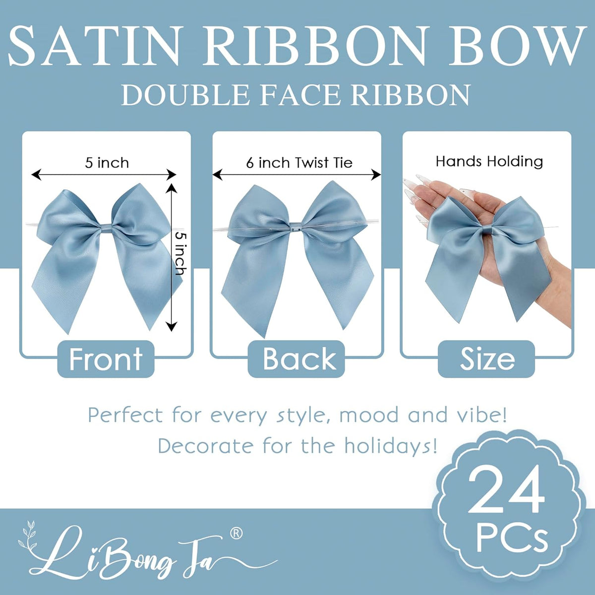 5'' Dusty Blue Bow Party Decorations Satin Bows, Twist Tie Bows for Treat Bags, Cake Pops, Pre-tied