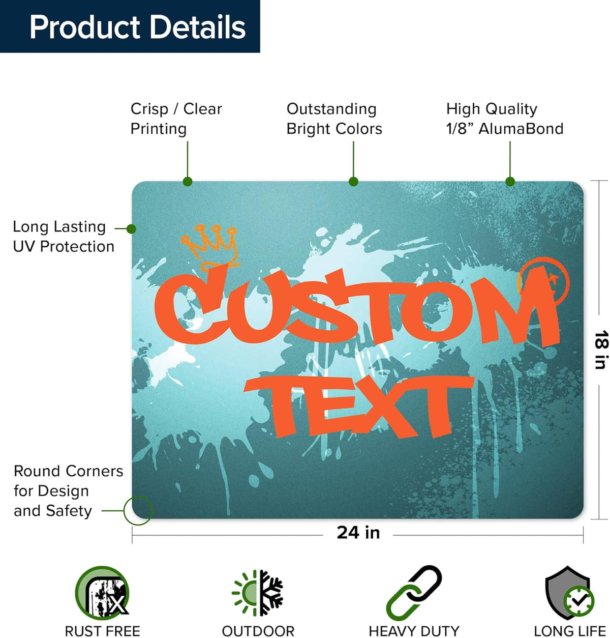 Custom Sign, Custom Street Sign, 11 Font Colors, 13 Font Styles, 4 Hole Options, 22 Sizes, 18x24