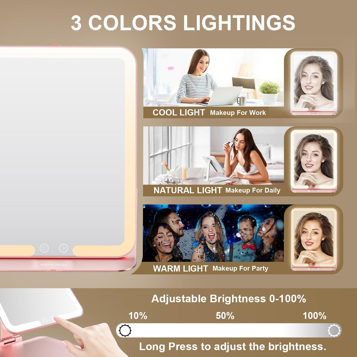 Mocado Travel Makeup Mirror with Light, Tripple Folding Vanity Mirror with Lights, 3 Colors Lighted