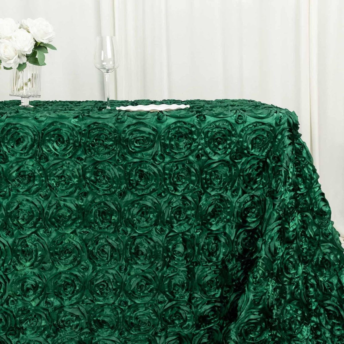 Efavormart 90"X132" Hunter Emerald Green Grandiose 3D Rosette Satin Rectangle Tablecloth for