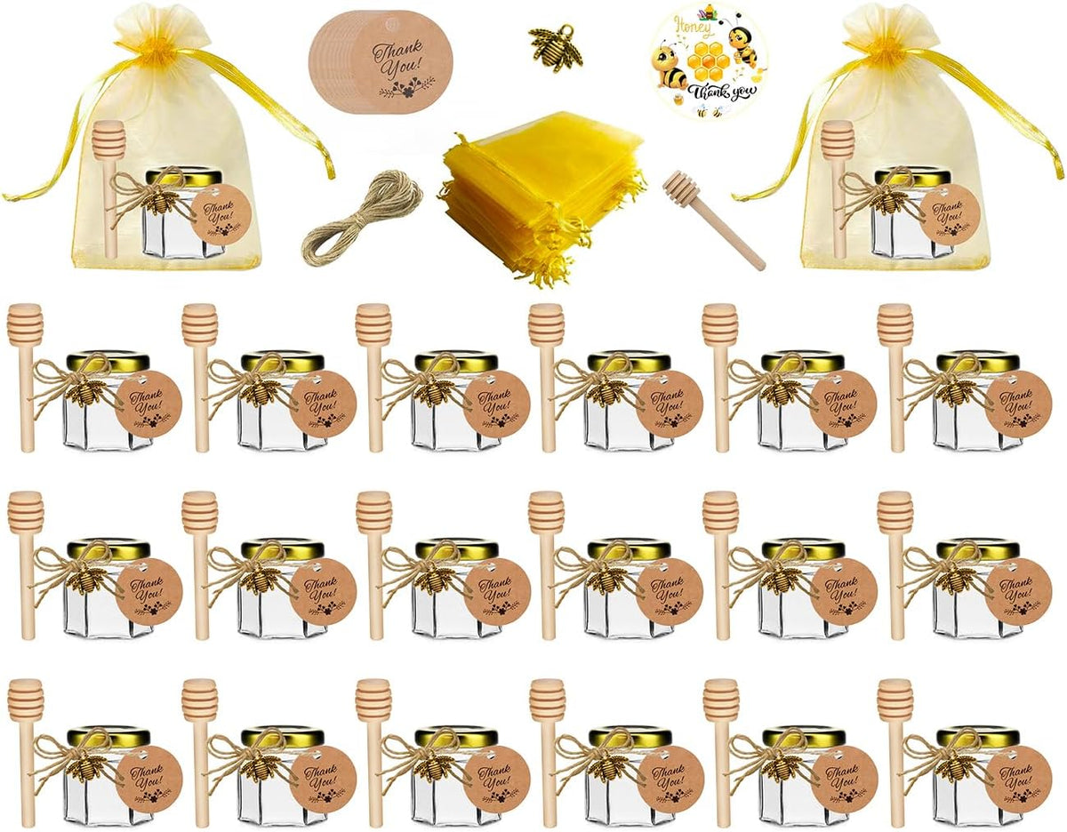 IIKUM 20 Pack Glass Honey Jars, 1.5 oz Hexagon Honey Pots with Lids, Wooden Dippers, Bee Pendants