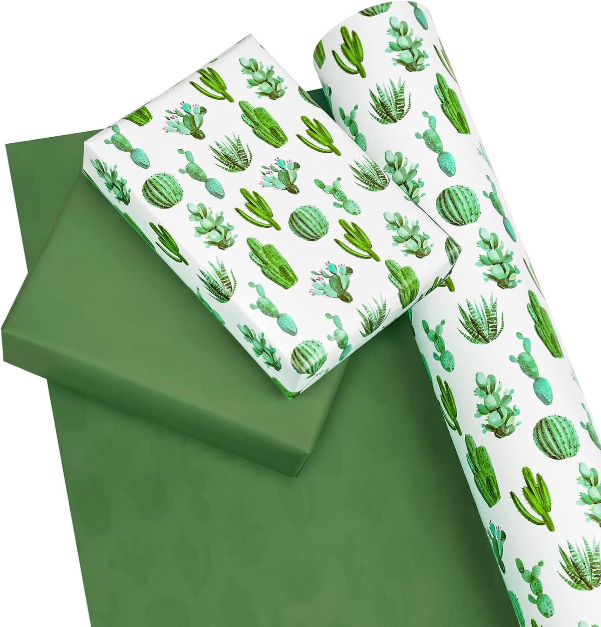 WRAPAHOLIC Reversible Cactus Wrapping Paper - Mini Roll - 17 Inch X 33 Feet - Watercolor Green