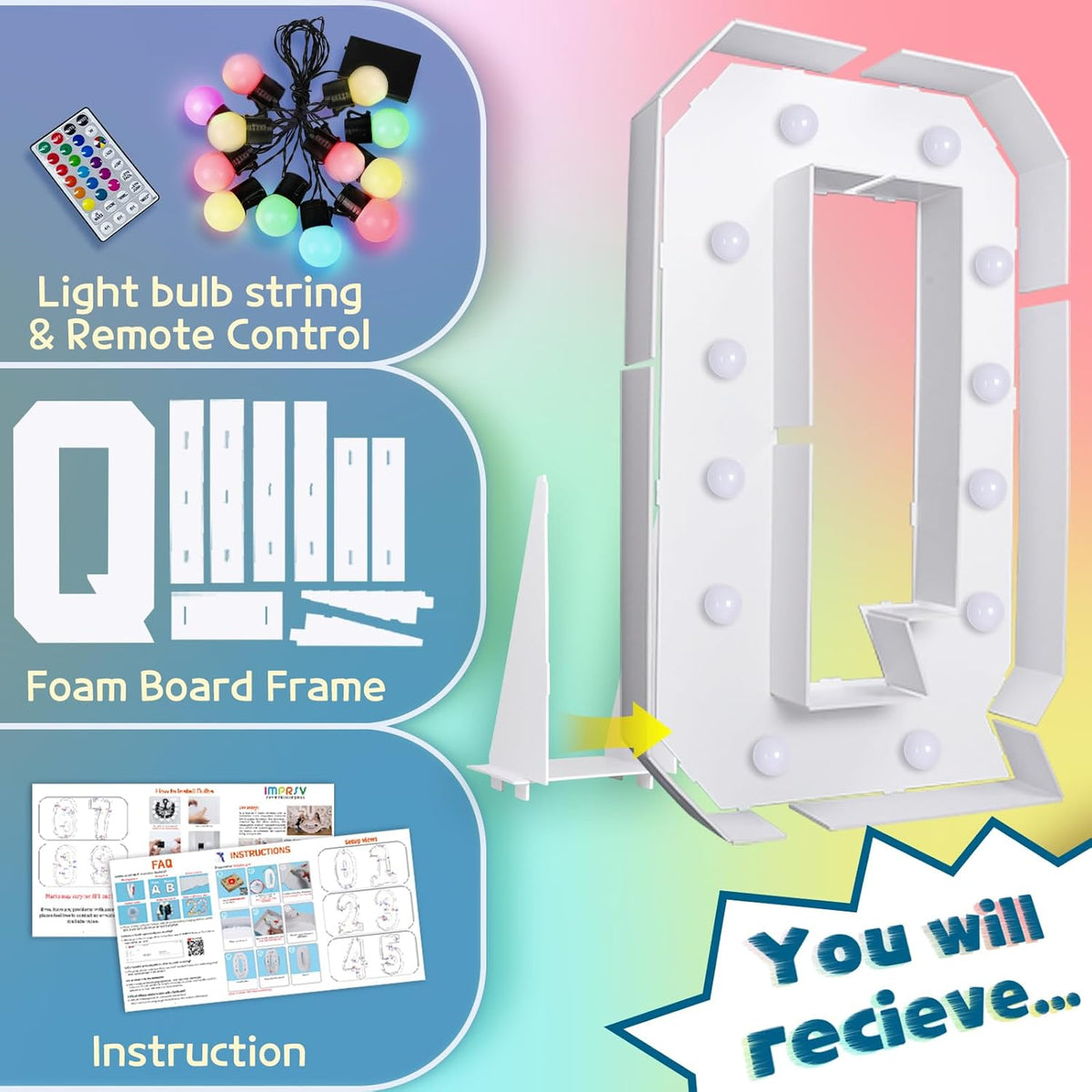 imprsv 4FT Colorful Marquee Light Up Letters Q, 18 Colors Large Light up Letters Alphabet Sign with