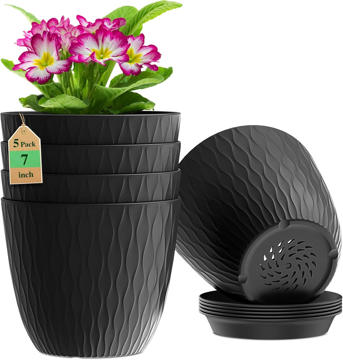 7 inch Plant Pots, 5 Pack Flower Pots with Drainage Holes and Saucers for Indoor Plants, Plastic