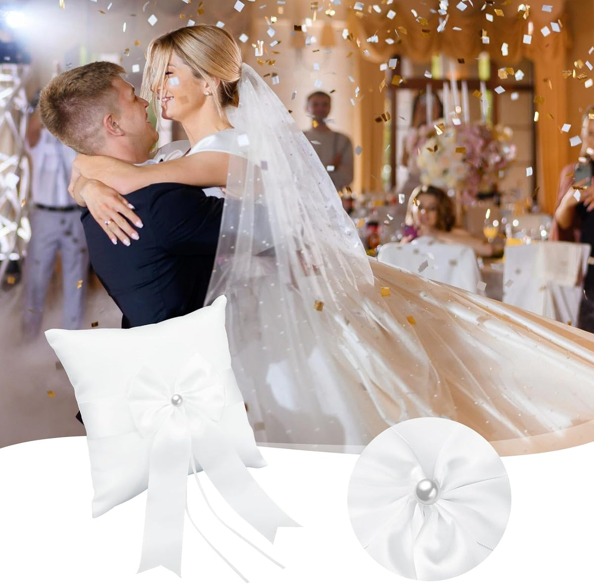 Wedding Ring Pillow Fairy Pearl Ivory Ring Bearer Cushion Bowknot Pocket Rings Bearer Pillow Holder