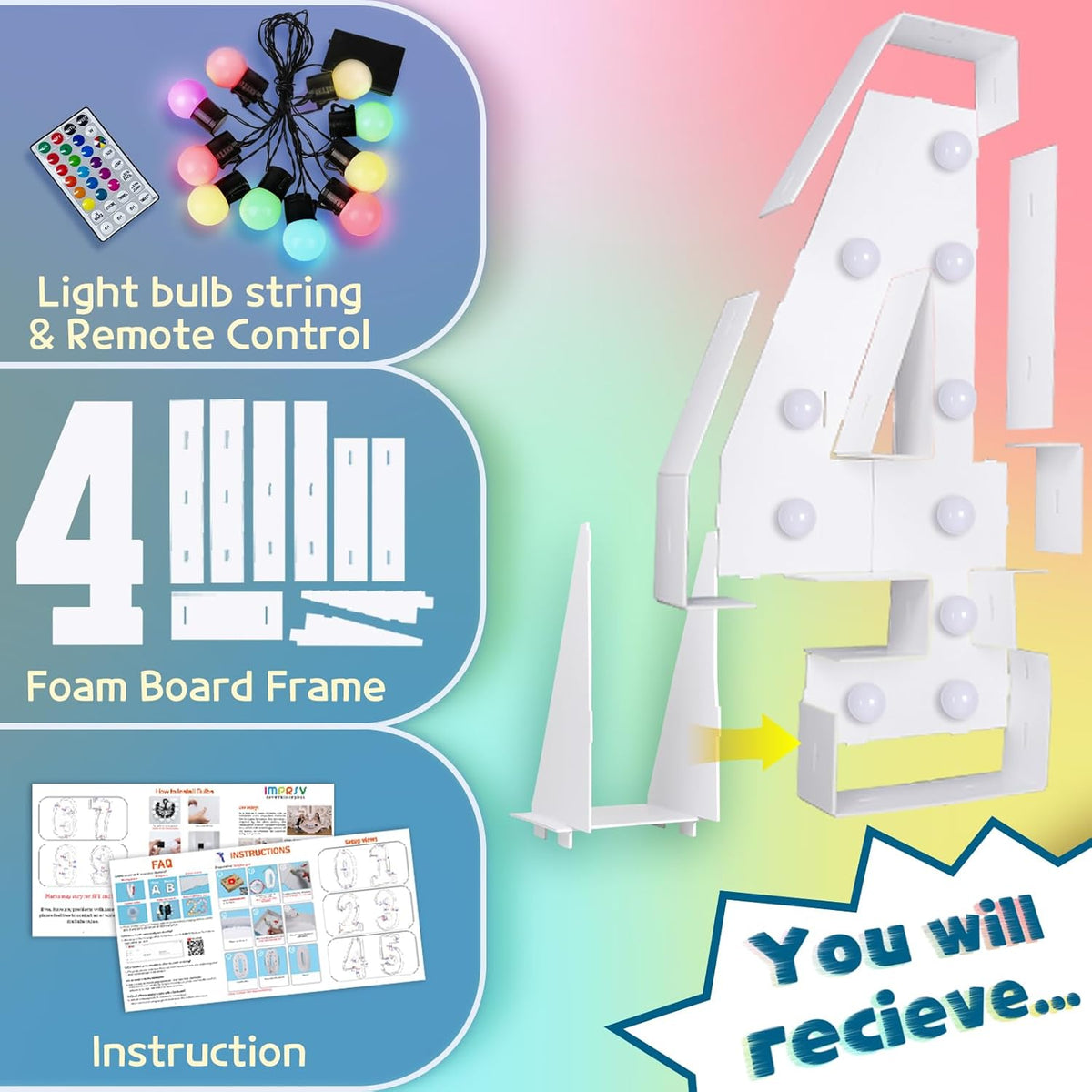 imprsv 4FT Colorful Marquee Numbers,18 Colors Number 4 with Remote, Light Up Numbers Sign for 4th