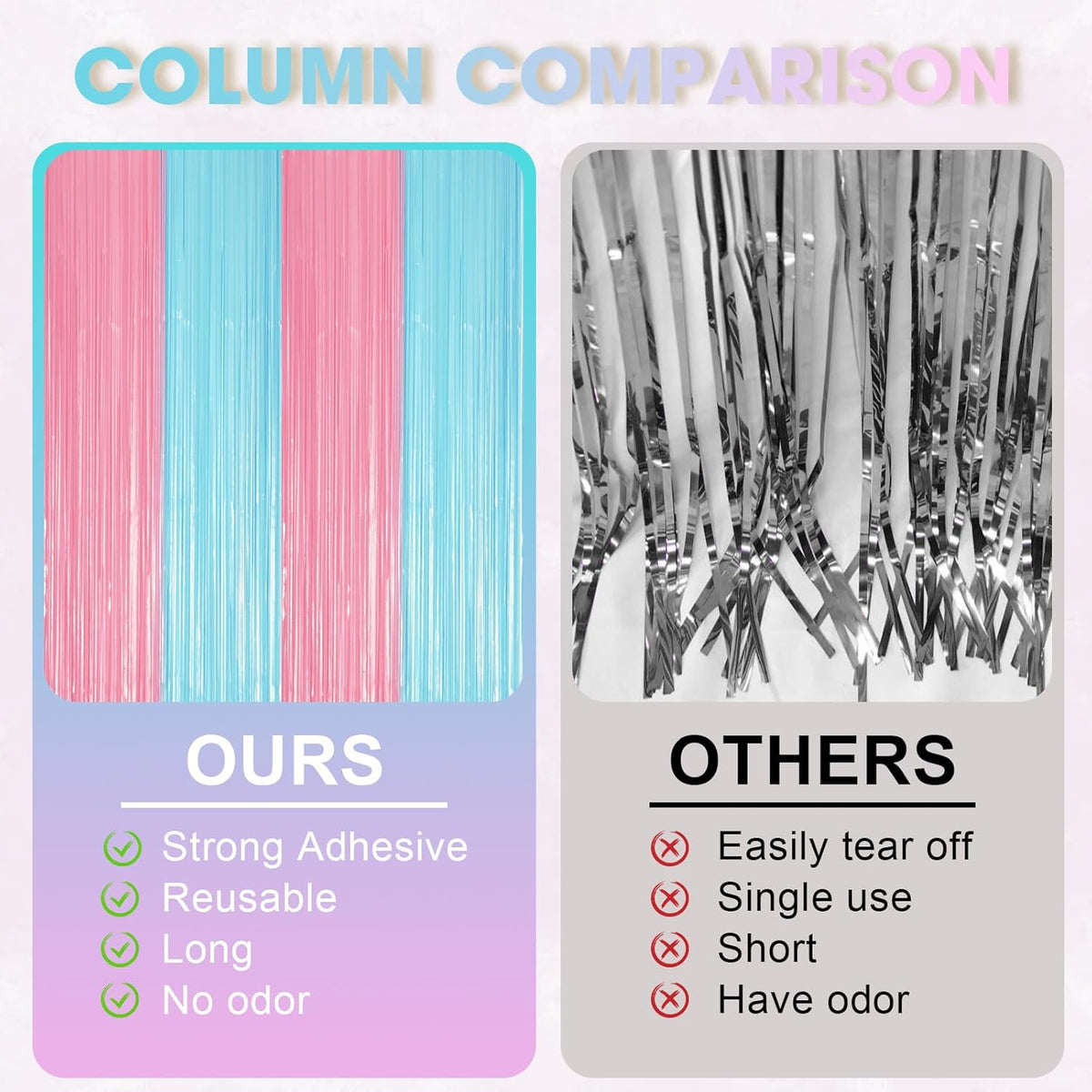 2 Pack Pastel Blue and Pink Foil Fringe Backdrop Curtains, Tinsel Streamers Party Decorations
