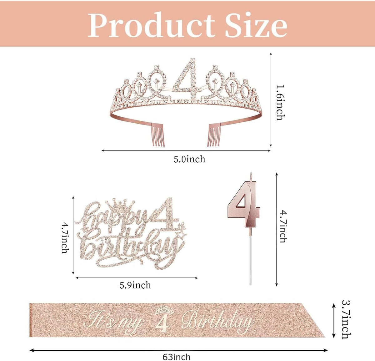 4th Birthday Decorations for Girl Including Sash, Crown, Numeral Candle and Cake Topper, 4 Year Old