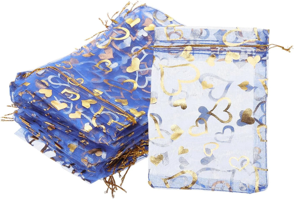 PATIKIL 100 Pcs 4x6 Inch Heart Printed Organza Bags, Navy Blue Sheer Heart Organza Bags with