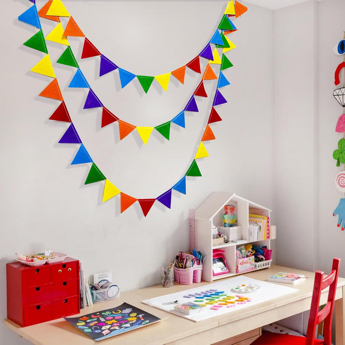 pinkblume Rainbow Party Decorations Colorful Felt Hanging Triangle Mini Bunting Pennant Banner Flag