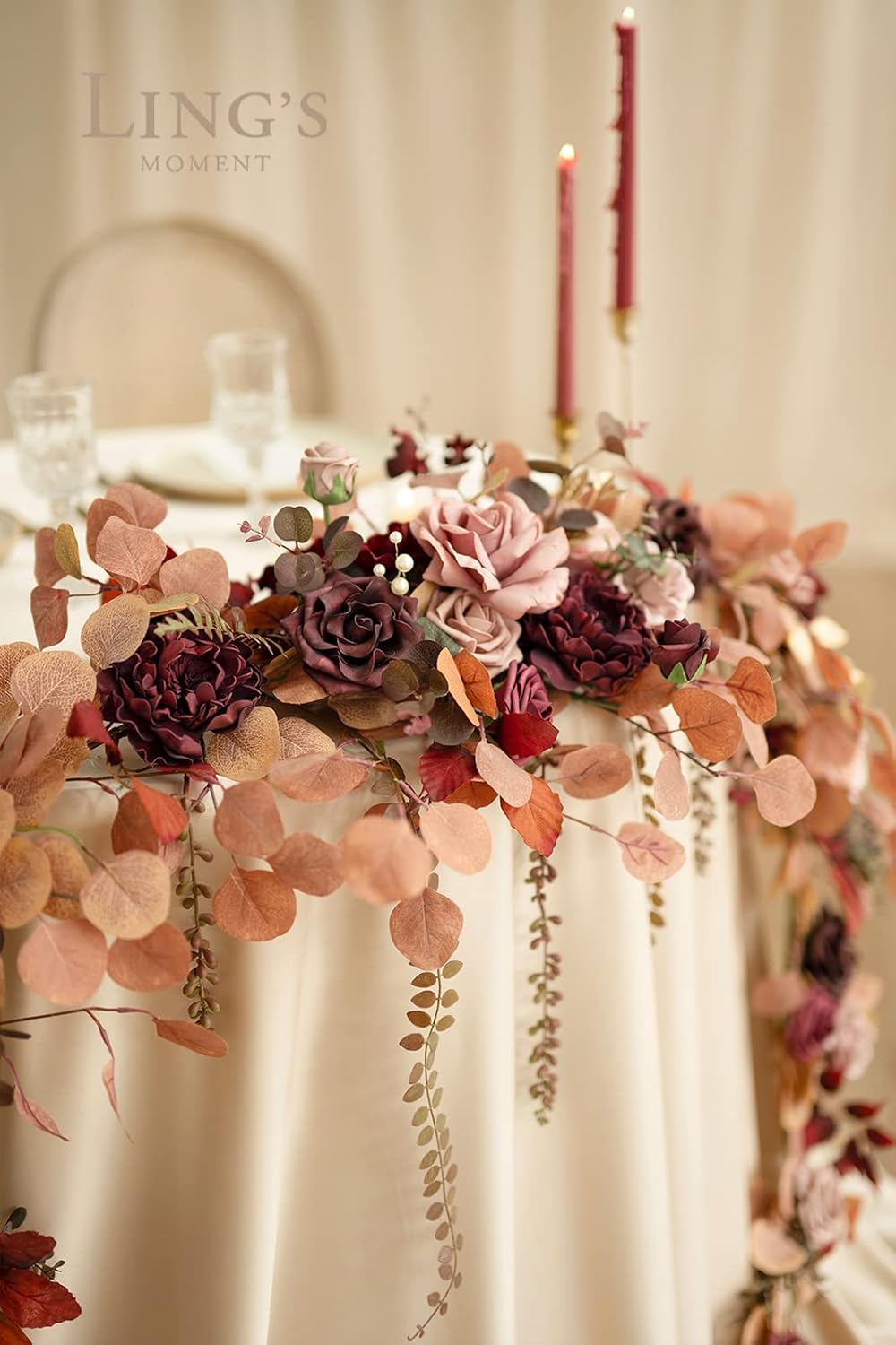 Ling's moment 9FT Eucalyptus and Willow Leaf Garland with White Flower, Handcrafted Wedding