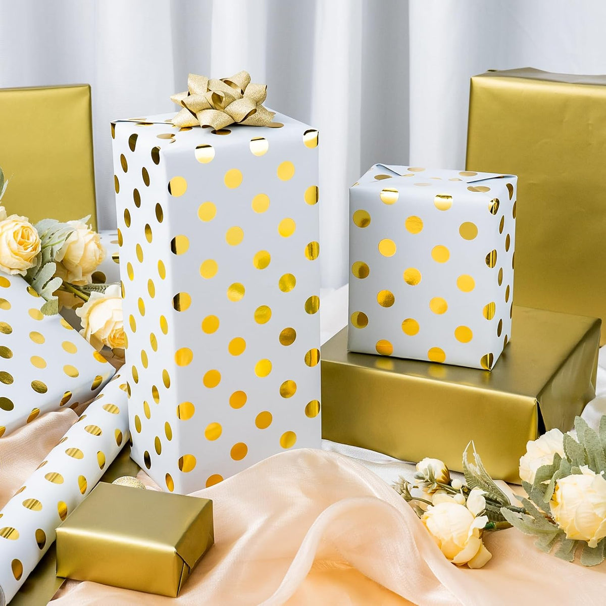 Burymento Platinum Dots Wrapping Paper, Reversible Gold Gift Wrap for Birthday, Valentines, Mothers