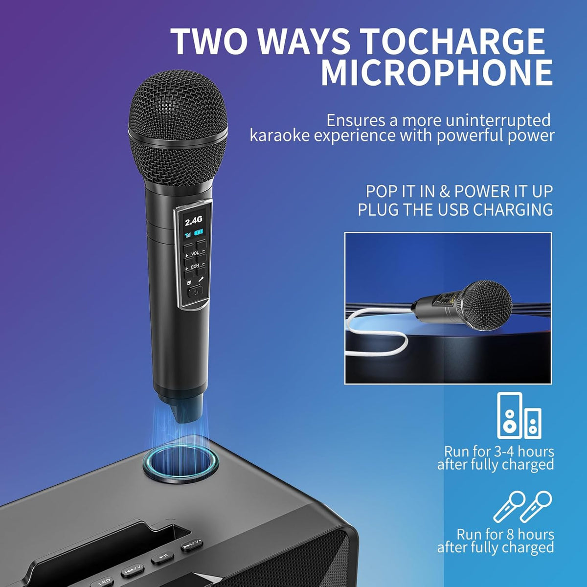 Karaoke Machine for Adults and Kids with 2 UHF Wireless Microphones,Portable Bluetooth Speaker PA