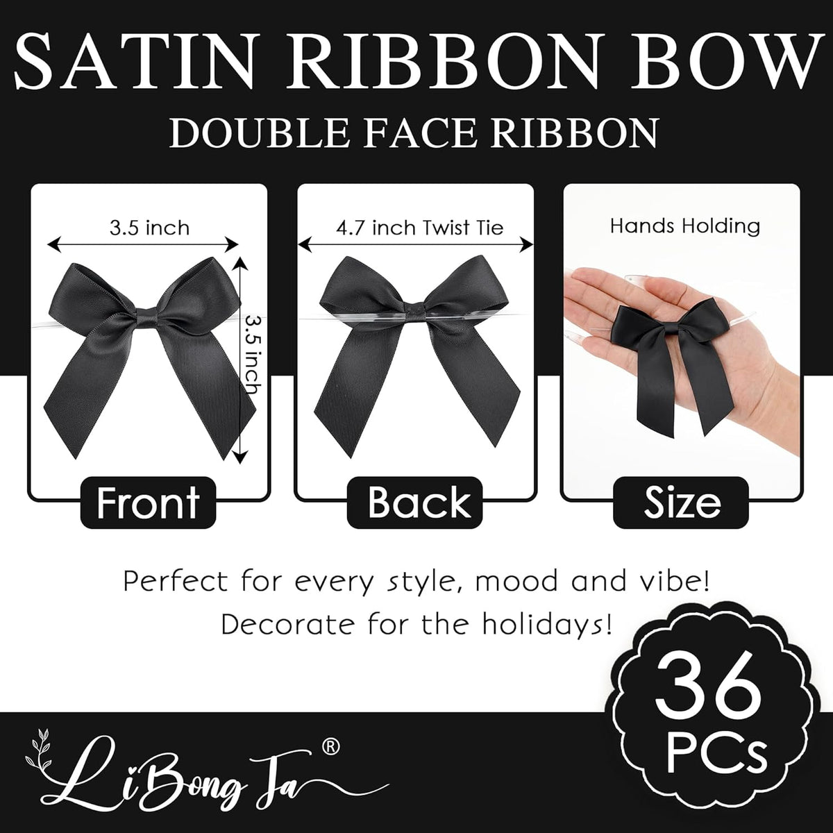 3.5" Black Bow Satin Pre-Tied Bows for Gift Wrapping, Small Bows for Crafts, Premade Bows, Candy