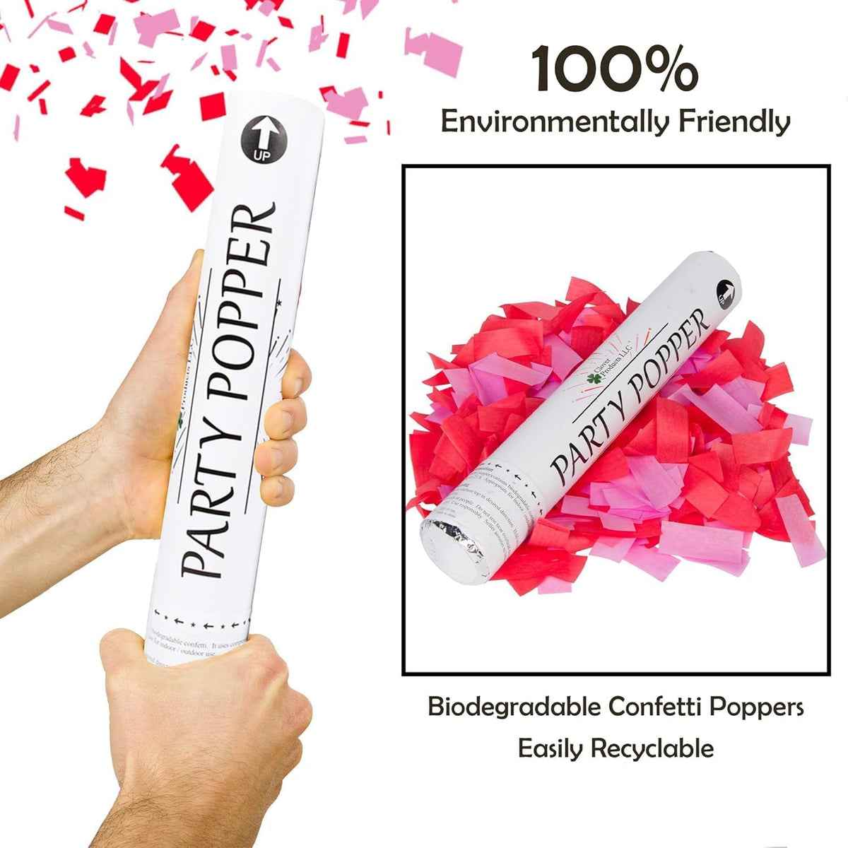 Clover Products 12" Biodegradable Confetti Cannons | 6 Pack | Red & Pink Poppers for Weddings