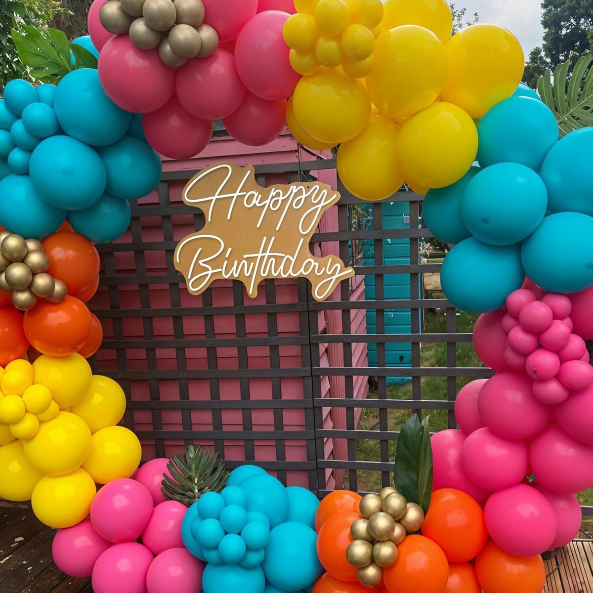 Tropical Balloons, 12 Inch Teal Metallic Gold Orange Pink Hot Fruit Green Balloons with Palm Leaves