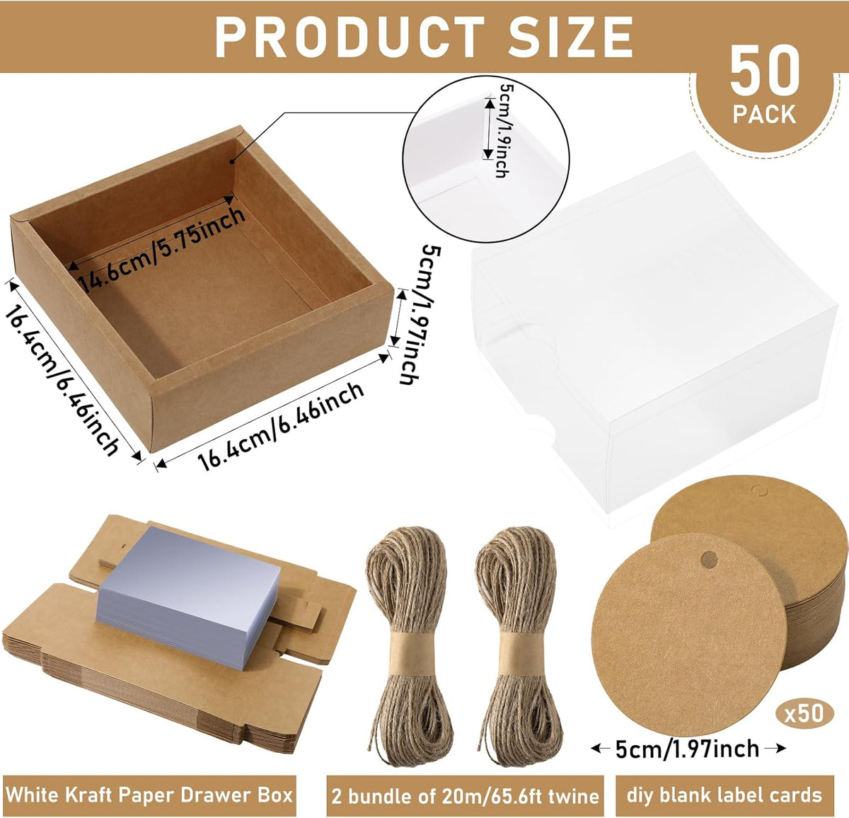 Roowest 50 Sets Kraft Soap Boxes Rectangle Packaging Box with Window Homemade Gift Box with Blank