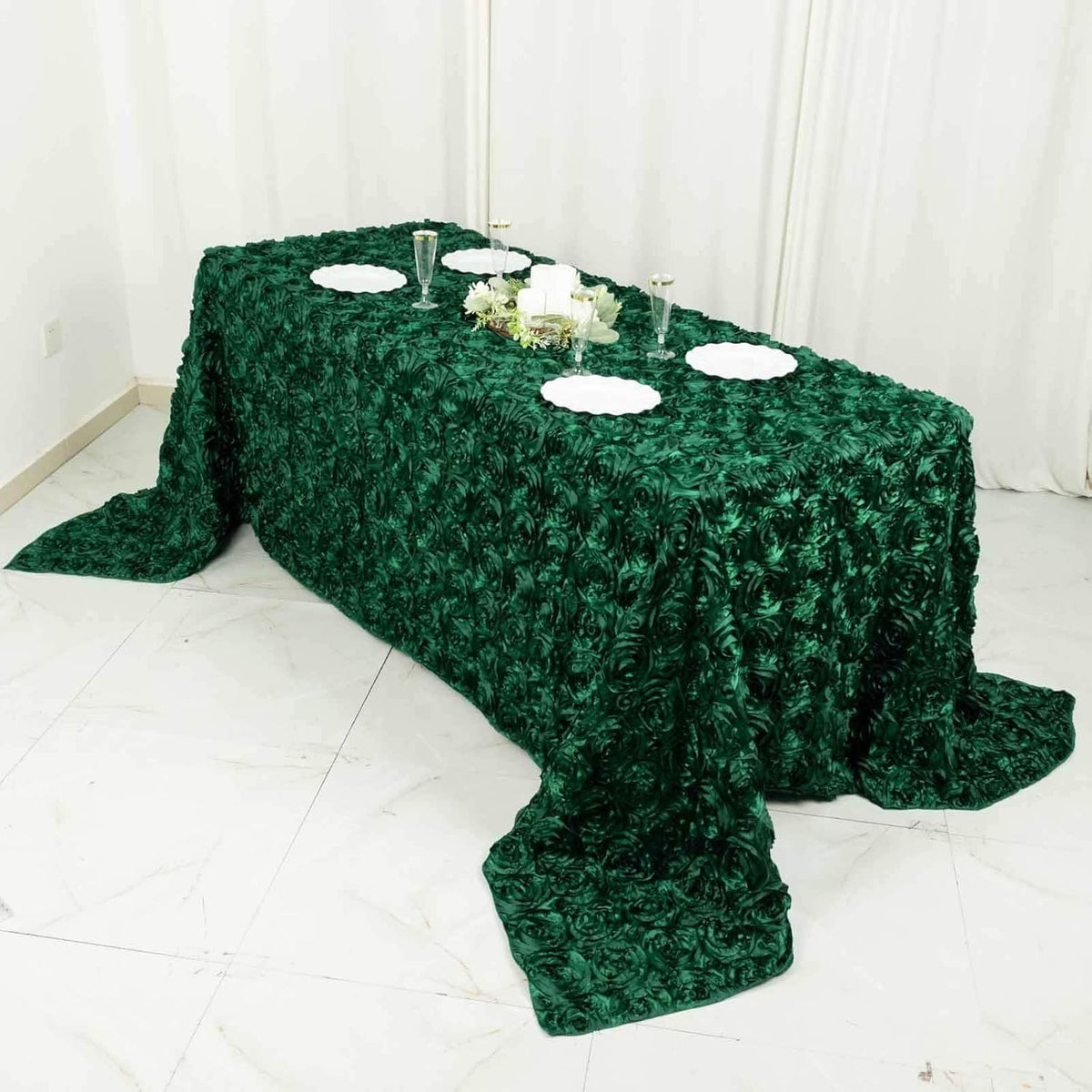 Efavormart 90"X132" Hunter Emerald Green Grandiose 3D Rosette Satin Rectangle Tablecloth for