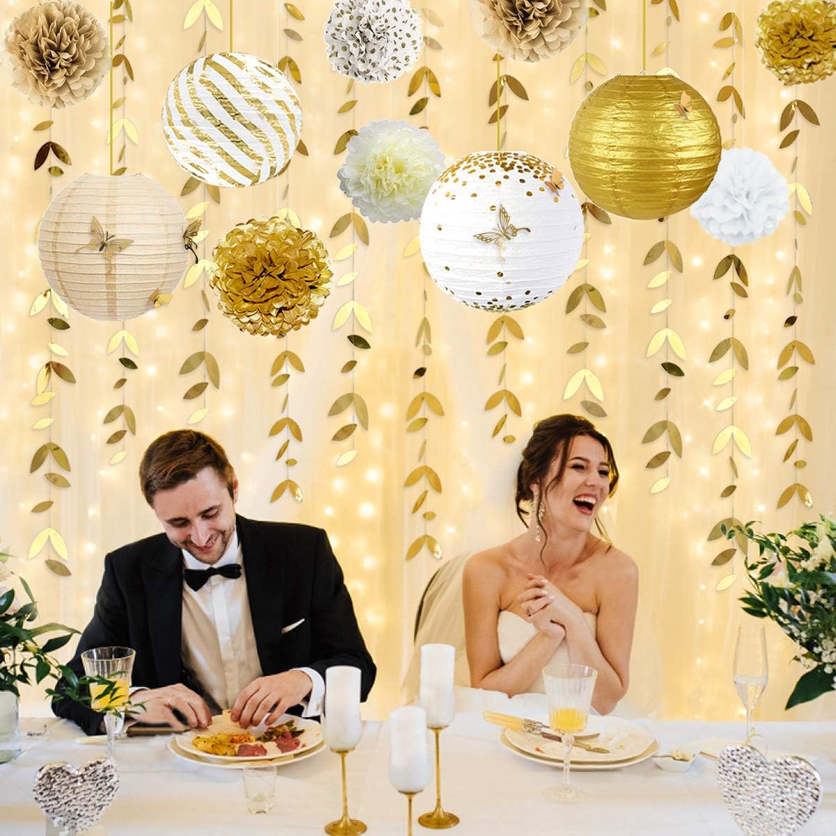 White and Gold Party Decoration Kit Lanterns Flowers Pom Pom with Gold 3D Butterfly Stickers and