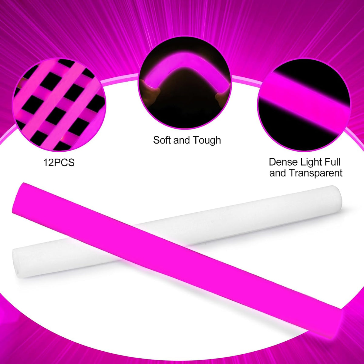 Glow Foam Sticks Bulk, 24 Pcs Pink Giant LED Light Up Sticks 3 Modes Flashing Glowing Baton Wands