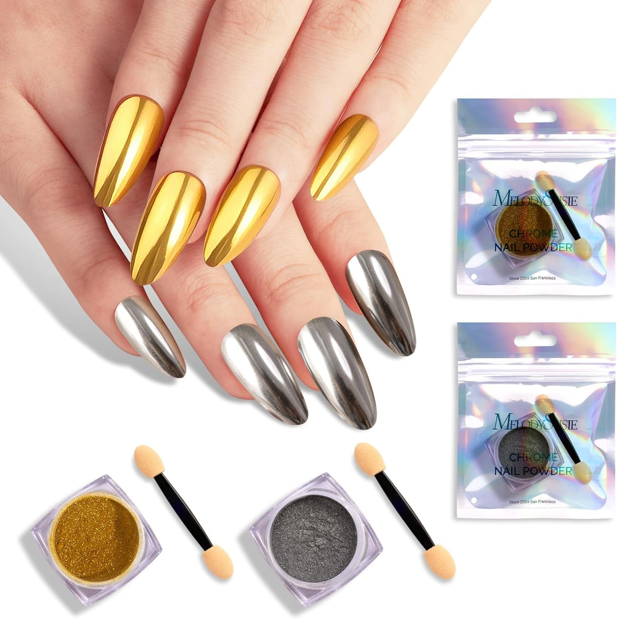 MelodySusie 2Pcs Chrome Nail Powder for Gel Nails,Metallic Mirror Effect Pigment Stylish and