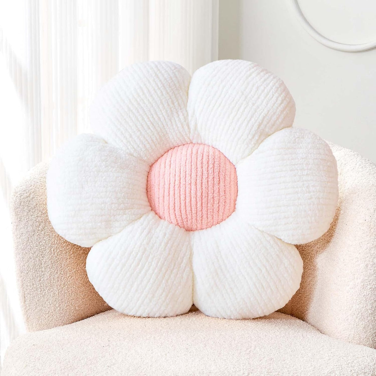 Soft White Pink 17.7" Flower Pillow for Home Decor, Cute Shaped Floor Pillow Aesthetic Plush