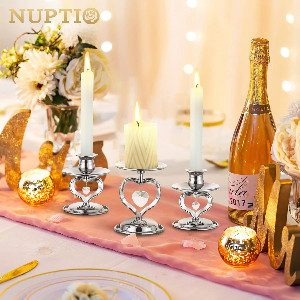 Nuptio Unity Candle Holder Silver Candlestick Holder for Pillar Taper Candles Metal Pillar Candle