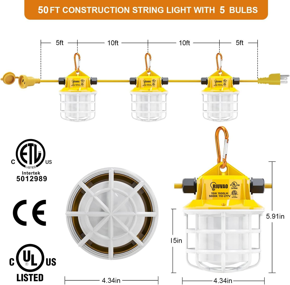 50ft LED Construction String Lights, 75W 7500LM Industrial Grade Super Bright String Work Lights