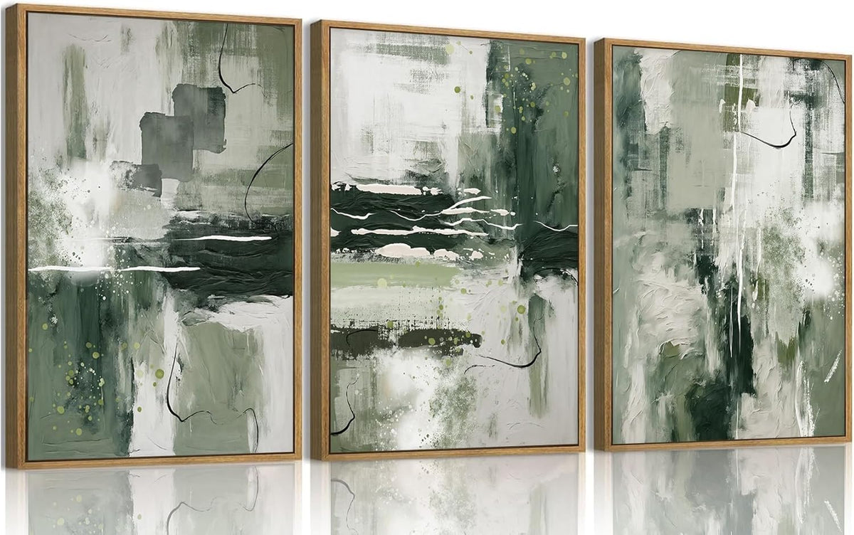 myusuar 3 Piece Large Modern Abstract Canvas Framed Wall Art For Living Room, Sage Green Minimalist