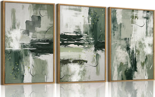 myusuar 3 Piece Large Modern Abstract Canvas Framed Wall Art For Living Room, Sage Green Minimalist