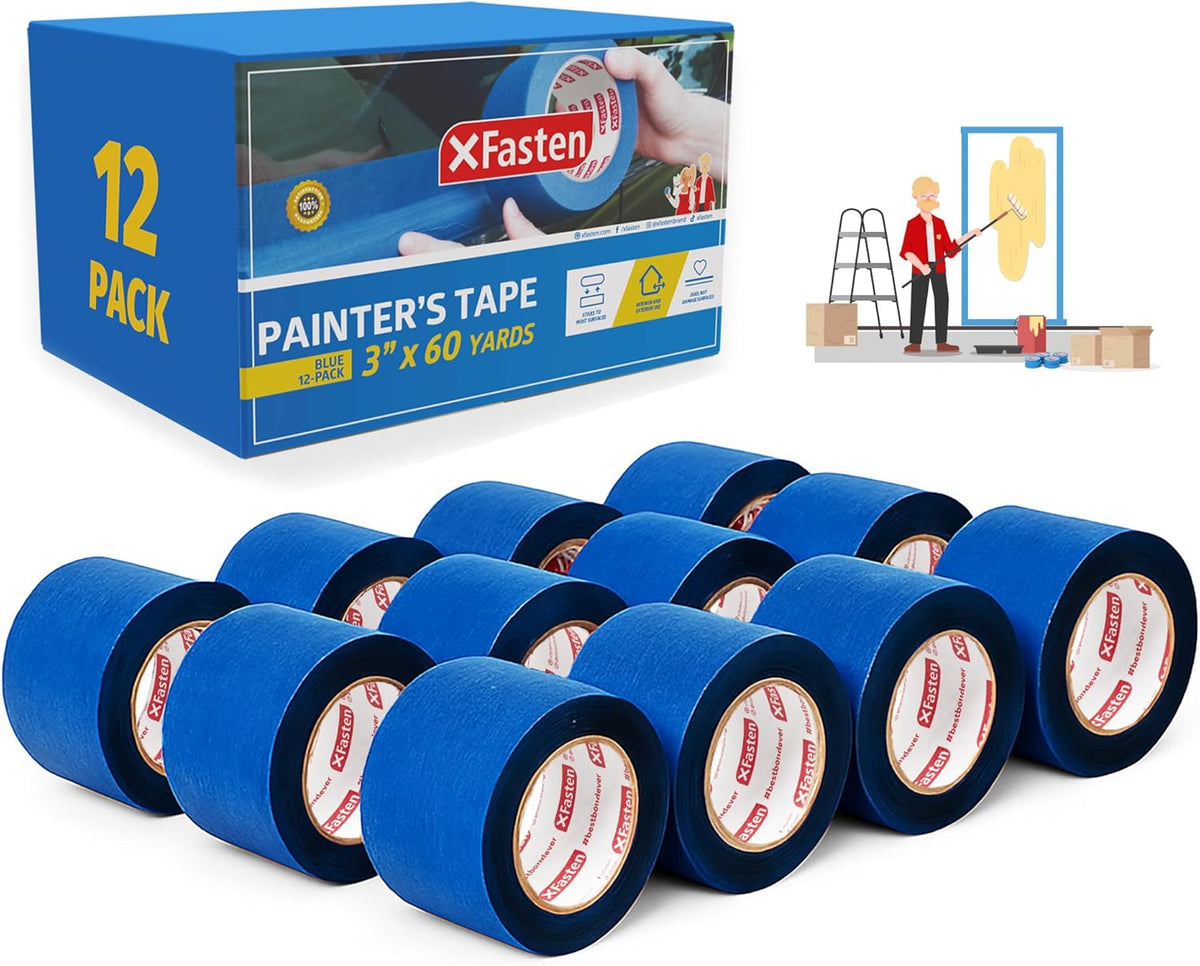 XFasten Blue Painters Tape Bulk 3-Inch x 60-Yards (12-Pack, 2160ft Total) Wall Safe Painters Tape 3
