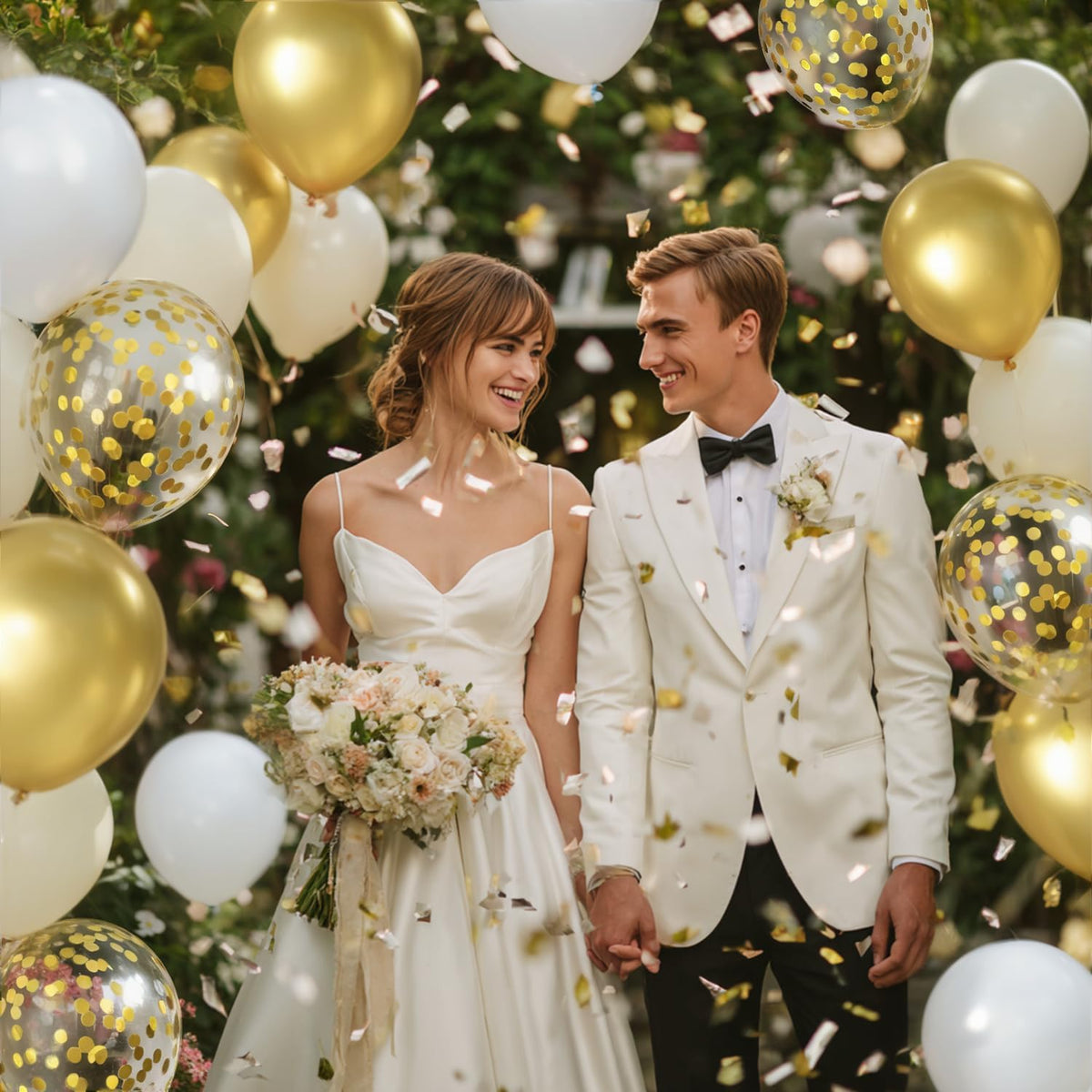 White and Gold Confetti Balloons, 50pcs 12 Inch Metallic Champagne Gold Latex Balloons Matte Sand