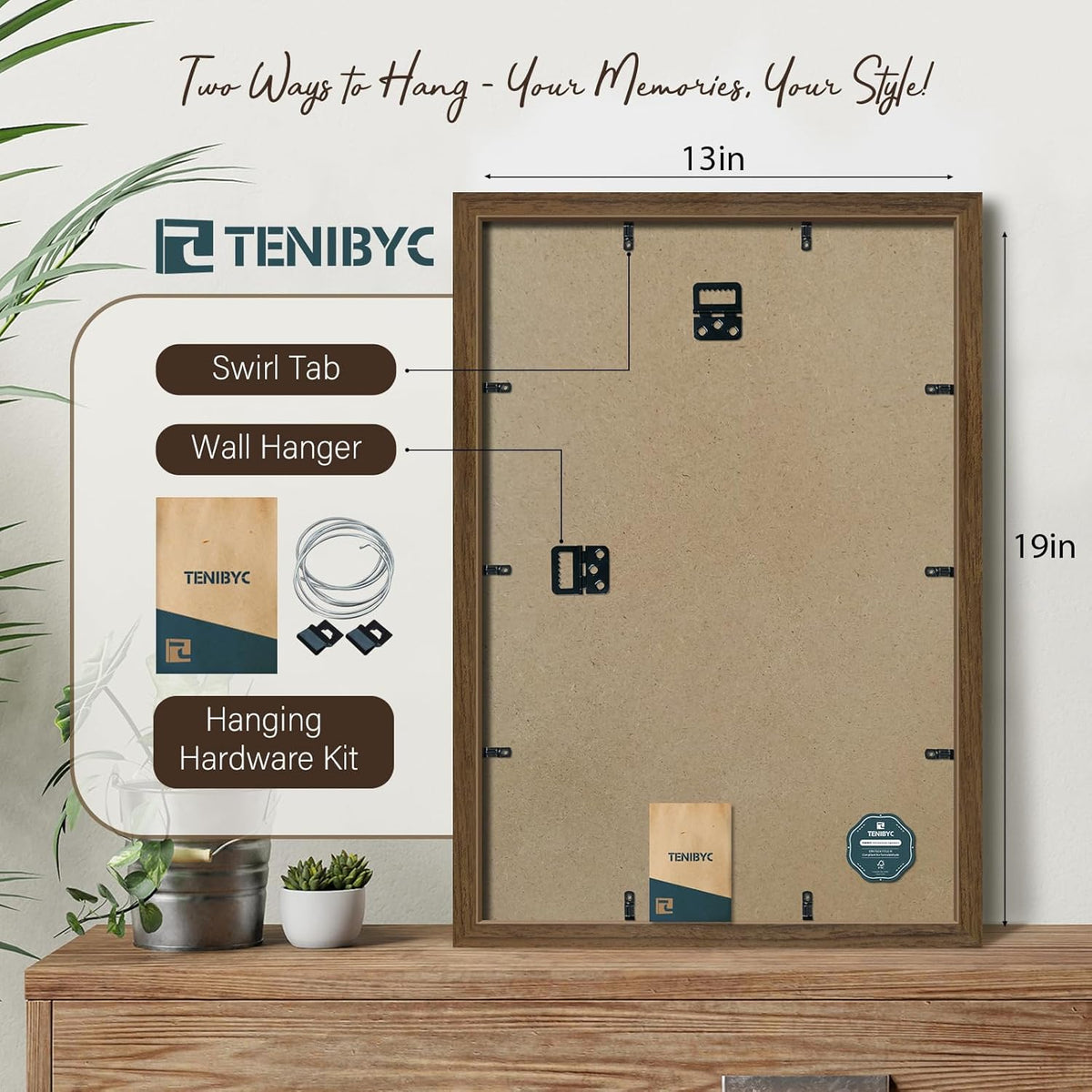 13x19 Picture Frame 3 Pack - Brown Woodgrain, Wood Photo Frame, HD Tempered Glass, Wall Gallery