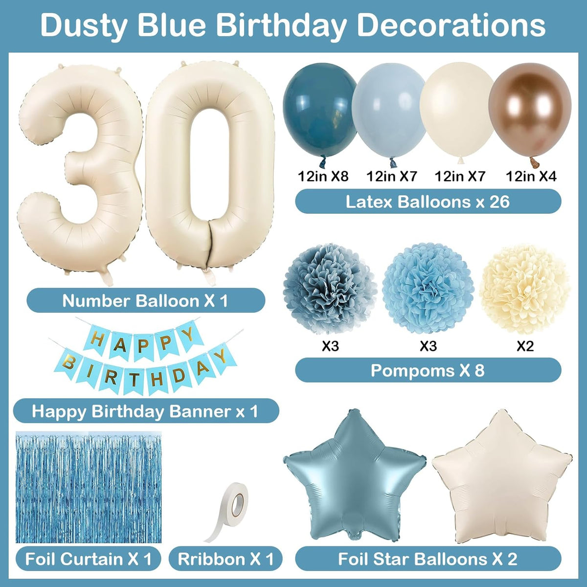 Dusty Blue 30th Birthday Party Decorations for Her Him Beige Cream Number 30 Balloon with Blue Gold