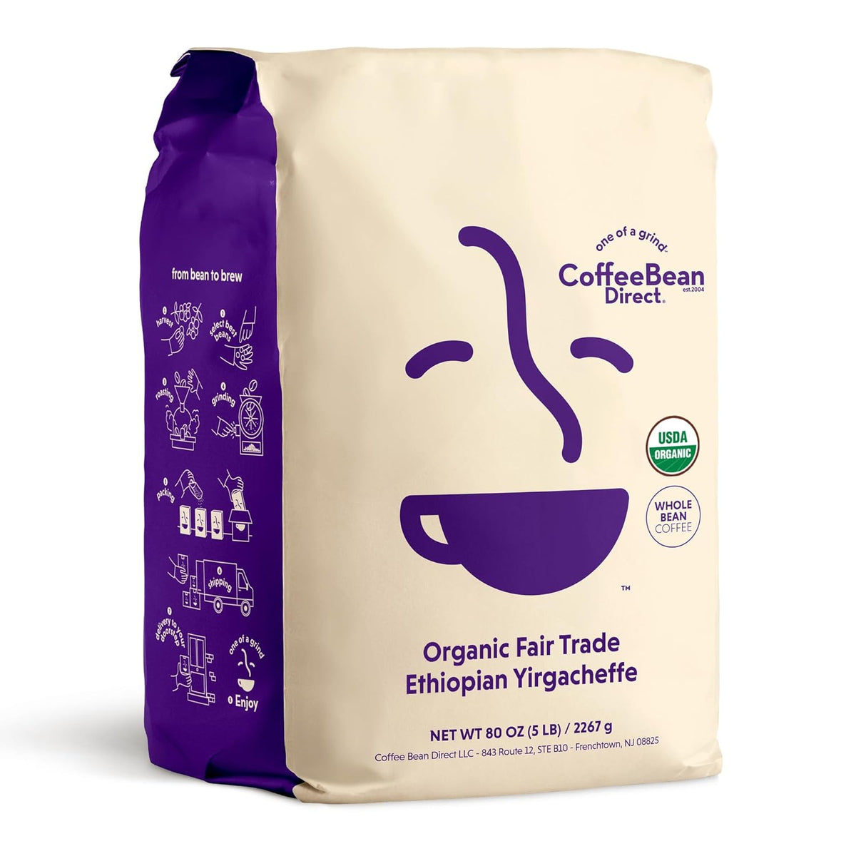 Coffee Bean Direct Organic Fair Trade Ethiopian Yirgacheffe, Whole Bean Coffee, Light Roast, 5