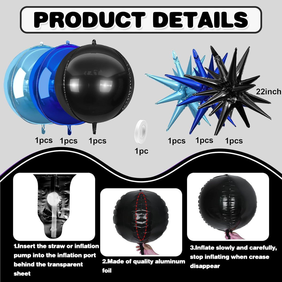 6Pcs Black Blue Foil Balloons,22Inch Navy Blue Black 4D Round Ball Balloon and Explosion Star