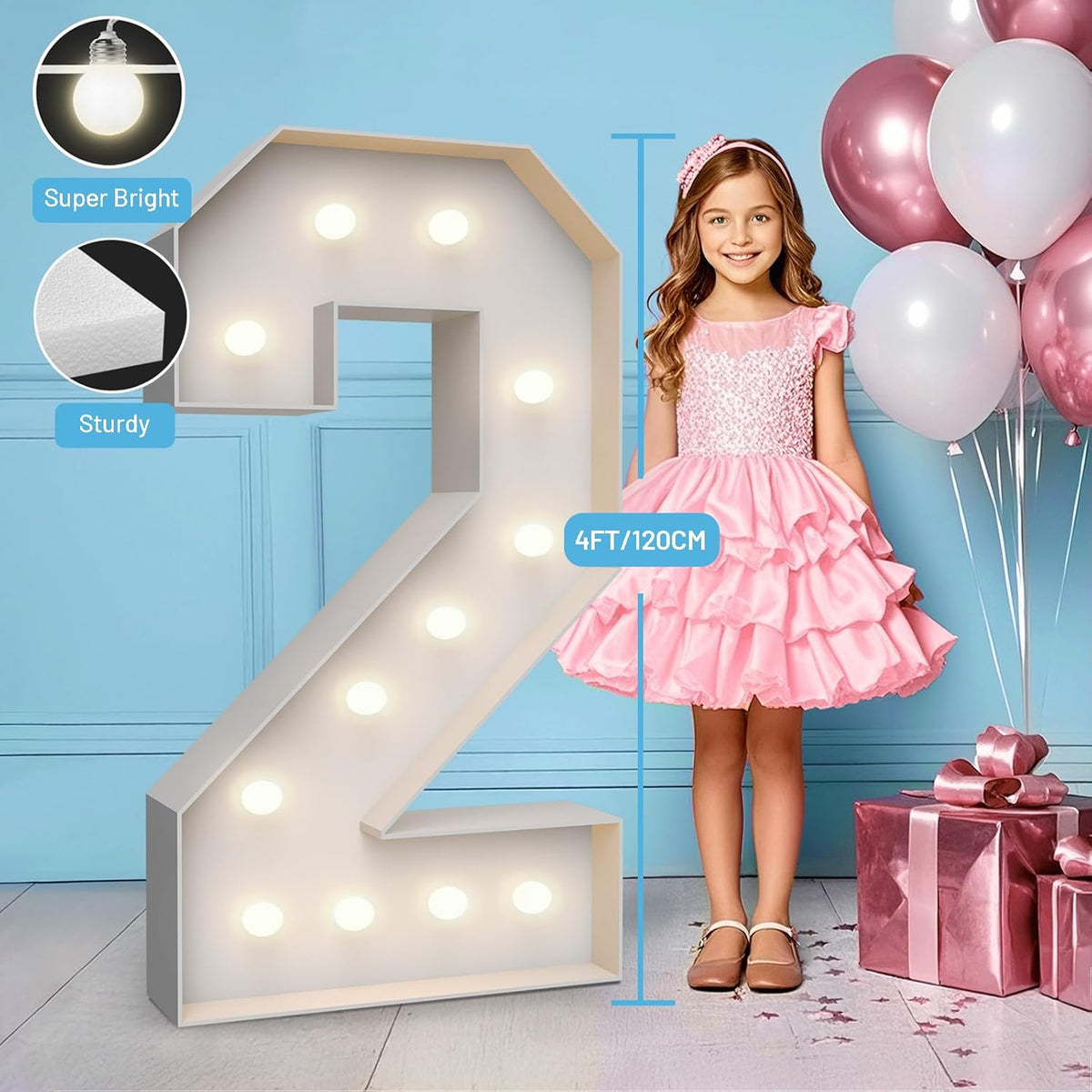 4FT Marquee Light Up Numbers 2,Party Decoration Large Marquee Light Up Letters with Weighted Water