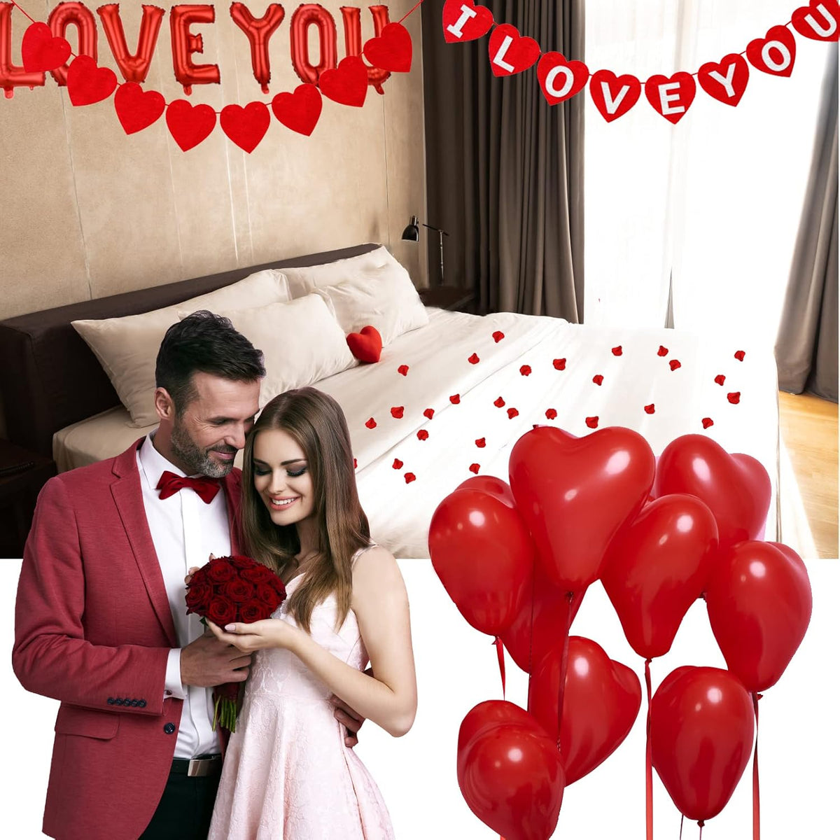 Rainmae Valentine Day Party Supplies I Love You & Love-Bear Balloons Kit with 1000 Pcs Dark-Red