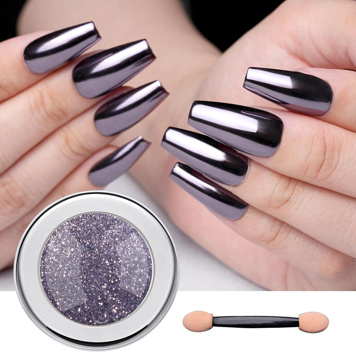 Pretty Diva Chrome Nail Powder - Silvery Black Mirror Effect Chrome Nail Powder, Premium Metallic