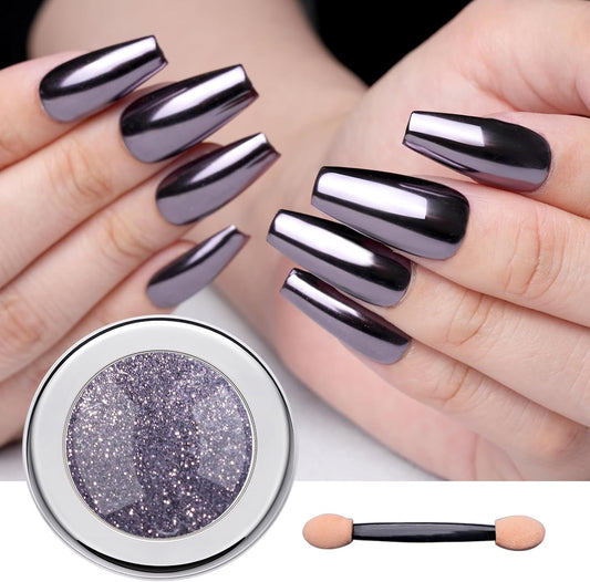 Pretty Diva Chrome Nail Powder - Silvery Black Mirror Effect Chrome Nail Powder, Premium Metallic