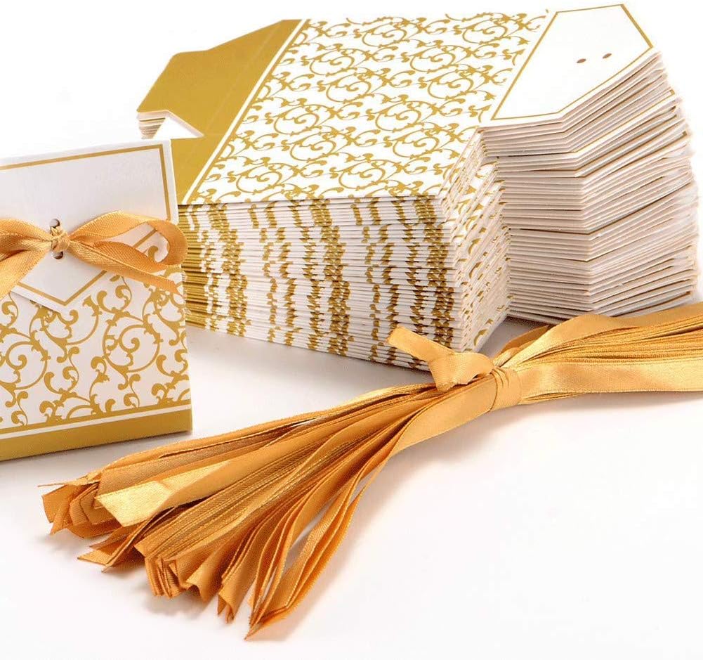 KUPOO 50PCS Candy Boxes,Gold Ribbon Wedding Favor Boxes Candy Bag Cake Box for Wedding Party